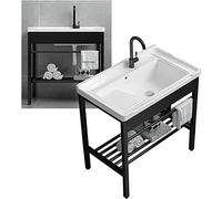 Évier à linge avec planche à laver et kit de vidange, pieds en acier inoxydable avec étagère de rangement noire, solution peu encombrante pour buanderie