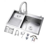 Évier à linge double en acier inoxydable avec planche à laver et robinet extractible Facile à nettoyer 60 x 48 x 22 cm Option côté gauche Lavabo ménager pour un lavage efficace