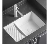 Évier à linge en céramique avec planche à laver et robinet extractible, ensemble d'accessoires inclus pour buanderie, salles de bains et balcons (53,5 x 36 cm)