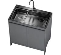 Évier à linge moderne, meuble-lavabo étanche en aluminium nid d'abeille avec évier simple en acier inoxydable noir Nano, évier utilitaire robuste pour extérieur/intérieur avec robinet à col de cygne