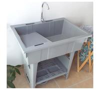 Évier à linge portable autonome en plastique avec planche à laver - Baignoire utilitaire pour le lavage des mains en extérieur, utilisation dans le jardin, branchement de tuyau - Gris - Parfait pour