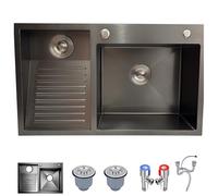 Évier à linge profond en acier inoxydable de 80 cm avec planche à laver, pour salle de bain, cuisine, balcon, cave, facile à nettoyer - Noir et gris