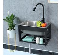 Évier à une cuve, mini évier mural en acier inoxydable, station de lavage des mains portable avec robinet extractible et support, pour garage, jardin, cuisine, pièce, extérieur (Dimensions : 48 x 35