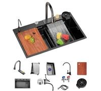 Évier à une cuve, poste de travail encastrable en acier inoxydable noir pour cuisine extérieure avec design en cascade et accessoires (Couleur : BK, Dimensions : 75 x 45 cm)