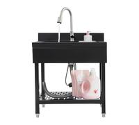 Évier autoportant en acier inoxydable - 1 bac - Évier de cuisine avec robinet extensible et panier d'égouttement - Pour extérieur et camping - 70 x 50 x 90 cm - Noir