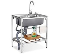 Évier autoportant en acier inoxydable avec eau chaude et froide - Lavabo simple pour buanderie et salle de bain - Design Slish