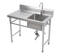 Évier autoportant en acier inoxydable avec robinet d'eau chaude et froide, 93 x 60 x 60 cm, convient pour l'extérieur, l'intérieur, la cuisine, la salle à manger (évier droit, plate-forme gauche)