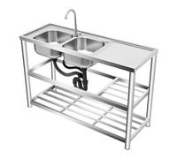 Évier autoportant en acier inoxydable de 120 cm avec double lavabo, 3 niveaux de rangement et robinet mélangeur, unité d'évier inoxydable pour atelier, garage, restauration, cuisine extérieure et