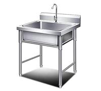Évier autoportant en acier inoxydable de 50 à 60 cm, évier commercial à cuve unique pour le linge, utilisation intérieure et extérieure, support inclus, 50 x 50 x 80 cm