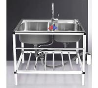 Évier autoportant en acier inoxydable, grand évier industriel commercial à 2 bacs avec robinets d'eau chaude et froide, idéal pour restaurants, cafés, bars, hôtels, garages et buanderies.