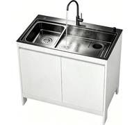 Évier autoportant multi-outils avec meuble de support, cuve unique en acier inoxydable avec robinet et doseur, meuble peu encombrant pour lavabo, garage et jardin