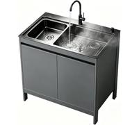 Évier autoportant multi-outils avec meuble de support, cuve unique en acier inoxydable avec robinet et doseur, meuble peu encombrant pour lavabo, garage et jardin