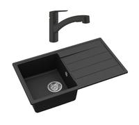 Evier avec égouttoir en granite à encastrer + mitigeur Grohe monocommande avec douchette 2 jets, noir mat (SATSINKGE3B-SET)