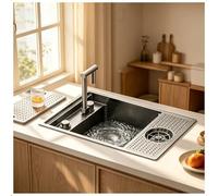 Évier Bar Cuisine En Acier Inoxydable Avec Couvercle, Évier Multifonction Encastrable Avec Robinet Pliable Et Rince-Verre, Évier Caché Avec Planche À Découper, Drainage En X Et Trop-Plein(58x32cm)