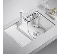 Evier Buanderie a Encastrer avec Planche a Laver, Vasque Salle de Bain en Céramique, Avec Robinet Extractible et Kit de Vidange, pour Buanderies, Balcons et Salles Bain(66x46cm/26x18.1in)