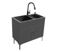 Évier Buanderie Utilitaire Avec Meuble Base, Bac Station Lavage Tout-en-Un, Évier Double Autoportant en Acier Inoxydable pour Salle Bain et Cuisine Garage,Noir,32in