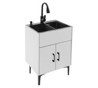 Évier Buanderie Utilitaire Avec Meuble Base, Bac Station Lavage Tout-en-Un, Évier Double Autoportant en Acier Inoxydable pour Salle Bain et Cuisine Garage,Blanc,24in