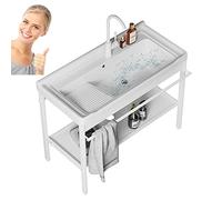 Evier Buanderie Utilitaire,Extérieur Évier De Jardin,Évieren Céramique,Support Inox,Autoportant Évier de cuisine Cuve simple,avec eau chaude et froide Robinet,Filtre de Vidange,Couleur Blanche ( Color