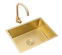 Évier carré à cuve unique en acier inoxydable doré brossé, à encastrer ou à poser sous plan, avec robinet et bonde (Couleur : Or, Dimensions : 55×40cm)