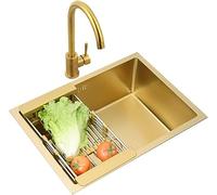 Évier Carré à Une Cuve avec Siphon, pour Rénovation De Cuisine, évier Encastré, Doré, avec Robinet Et égouttoir, en Acier Inoxydable épais, Fabriqué à La Main., Gold, 45 * 40cm