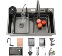 Évier cascade 75 x 45 cm - En acier inoxydable noir et gris - Lavabo cascade avec écran d'affichage numérique - 1 bac - Évier de cuisine avec kit complet d'accessoires
