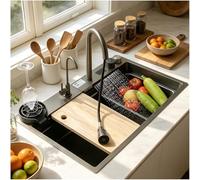 Évier cascade 85 x 45 cm en acier inoxydable noir gris avec affichage numérique 1 évier à poser grande évier de cuisine avec kit d'accessoires complet