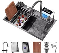 Évier Cascade en Acier Inoxydable avec écran D’Affichage, évier De Camping-Car à Cuve Unique avec Lave-Tasses, Robinet Rétractable en Cascade Et Ensemble Complet D’accesso, Black, 75x45x22cm