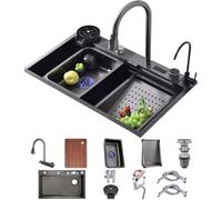 Évier cascade en acier inoxydable avec écran LED à cuve unique pour station de travail de cuisine, robinet rabattable et ensemble complet d'accessoires - Noir 75 x 45 x 22 cm