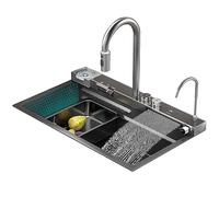 Évier Cascade Multifonction en Acier Inoxydable avec Affichage numérique, Robinet extractible Multifonction, évier de Cuisine à Une cuve avec Ensemble d'accessoires Complet, 75 x 46 x 22 cm,