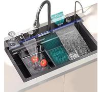 Évier cascade pour poste de travail - En acier inoxydable - Bassine unique avec robinet extractible et panier de drainage