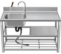 Évier commercial autonome en acier inoxydable avec bol simple et établi, tuyau d'eau chaude et froide, idéal pour cuisine, ferme, bar, buanderie (120 x 50 x 80 cm)