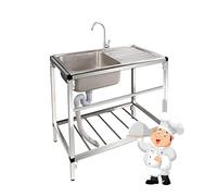 Évier commercial sur pied avec robinet d'eau chaude et froide et égouttoir pour restaurant, cuisine, utilisation en extérieur et intérieur