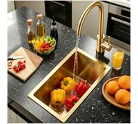 Evier Cuisine 1 Bac 38 x 26 cm,Evier Inox,Or Petit évier de cuisine à cuve unique,avec Robinet de cuisine,panier d'égouttement,kit de trop-plein et de vidange,Montage à Encastrer,à poser ou Sous Plan