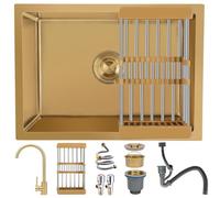 Evier Cuisine 1 Bac 55 x 40 cm,Evier Inox,Or Petit évier de cuisine à cuve unique,avec Robinet de cuisine,panier d'égouttement,kit de trop-plein et de vidange,Montage à Encastrer,à poser ou Sous Plan