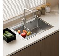 Évier Cuisine 1 Bac 55 x 45 cm, STANEW Évier Encastrable, petit Évier Inox Cuisine inclus avec,Trous pour Robinets et Distributeur de Savon et panier télescopique, Argent