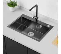 Evier Cuisine 1 bac 65 x 45 cm, Auralum Lavabo Cuisine avec Deux Trous de Montage, Evier Inox Noir pour Meubles Bas de 80 cm, Montage à Encastrer ou à Poser (Distributeur de Savon non incluso)