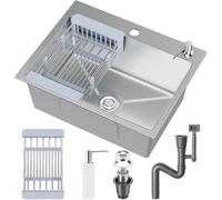 Evier Cuisine 1 Bac 68 x 45 cm, Evier Inox avec Filtre de Vidange, Evier à Poser avec Trous pour Robinets
