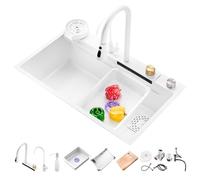 Evier cuisine 1 bac avec robinet de cuisine evier multifonction avec accessoire cuisine douchette evier cuisine 2 bacs bac inox Blanc lavabo cuisine (68 * 45 * 23CM, Blanc)