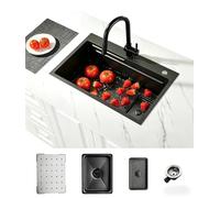 Evier Cuisine 1 Bac Noir 70 × 45 cm,Evier Inox 1 Bac,2 Trous Pour Robinets,Ensemble Comprenant Une CréPine,Un Bac De DéCongéLation,Un Panier De Vidange Et Un Siphon