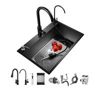 Évier Cuisine 1 Bac SUS304 Évier de cuisine en acier inoxydable avec Mitigeur cuisine Mousseur robinet Avec accessoires pour évier de cuisine (Noir, 75x45CM)