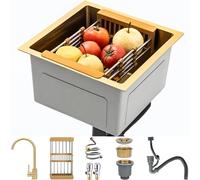 Évier Cuisine 38x38cm,Or Évier de Cuisine,Évier Acier Inoxydable 201,Évier Cuisine avec Égouttoir et Siphon,Lavabo Cuisine,1 Lavabo Évier encastrable