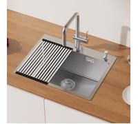 Évier Cuisine 58x45x18CM Évier à Encastrer en Acier Inox Évier 1 Bac avec Distributeur de savon et Égouttoir pliable