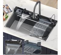 Evier Cuisine 75x45cm en Acier Inoxydable 304, Grand Bac Unique avec Affichage Numérique, Robinet Cascade, Distributeur de Savon