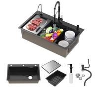 Évier Cuisine à Encastrer 75 x 45 cm, Évier Inox Noir 1 Bac Profond avec Nano-Revêtement, Poste de Travail avec Planche à Découper, Panier Égouttoir, Distributeur de Savon et Bonde