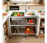 Évier Cuisine Acier Inoxydable Avec Établi, Évier Cuisine 1 Bac Sur Pied, Utilitaire Plonge Inox Avec Chaud/froid Robinet, Portable Et Sur Pied, Facile À Nettoyer.(Double layer)