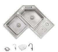 Evier Cuisine D'angle Professionnel, Double Bac en Acier Inoxydable 304, 80 x 80 Cm, Forme en L, avec Égouttoir, Bac de Décongélation et Poubelle