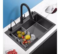 Evier Cuisine en Acier Inoxydable à Encastrer, Evier Multifonction Noir à Poser avec Robinet Extractible, Panier de Vidange et Distributeur de Savon