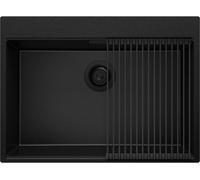 Evier Cuisine en Granit 68x50cm, Lavabo 1 bac + Kit de Vidage + Accessoire Oslo Top de Primagran Tout Noir