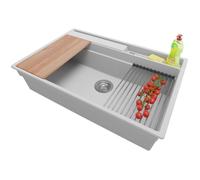 Evier Cuisine en Granit 78x53cm, Lavabo 1 bac + Kit de Vidage + Accessoires Oslo Pocket de Primagran Gris