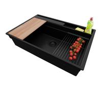 PRIMAGRAN Evier Cuisine en Granit Tout Noir 78x53cm, Lavabo 1 bac + Kit de Vidage + Accessoires, Évier à Encastrer al mueble 80cm - Oslo Pocket S251